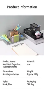Vue détaillée d'organisateurs de bureau en maille métallique noir et argent avec accessoires.