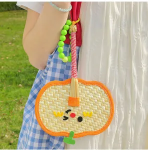 Handmade woven mini fan charm with cute face and beads for bag decoration
