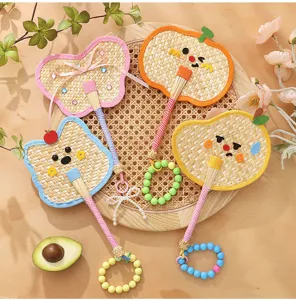 Colorful handmade woven mini straw fans with cute cartoon faces and decorative bead loops