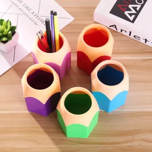 Creative pencil-shaped desktop pen holders with vibrant color-blocking for office