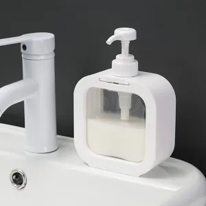 Minimalist 500ml white square pump dispenser bottle for shampoo and soap on a modern bathroom sink