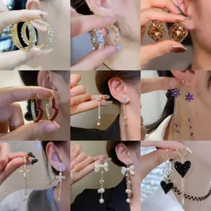 Variety of elegant long bow and pearl tassel earrings shown on models