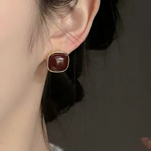Elegant square dark red gemstone stud earrings with gold plating and vintage minimalist style