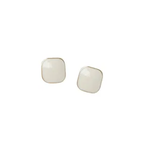 Minimalist vintage style square stud earrings with cream white enamel finish and gold edges