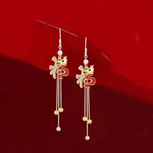 Long golden tassel earrings featuring Chinese Fu character and red dragon design