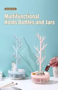 Detail view showing the tree-shaped rotating jewelry organizer rack for earrings and necklaces