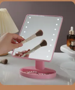Detailed view of a pink LED lighted makeup mirror featuring a jewelry storage base and brushes