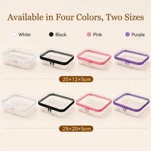 Detailed layout of clear PET storage boxes with zippers in four colors and two sizes
