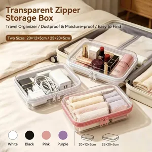 Transparent PET Zipper Storage Box Flip Lid Dustproof Cosmetic Makeup Organizer Portable Desktop Stationery Travel Case