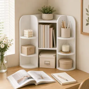 Estante de Almacenamiento de Esquina de Escritorio Organizador Blanco Multicapa Para Libros Papelería Soporte de Exhibición de PVC