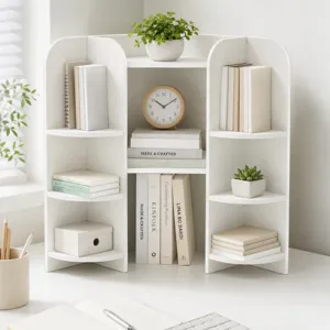 Estante de esquina para escritorio blanco minimalista con organizador de varios niveles
