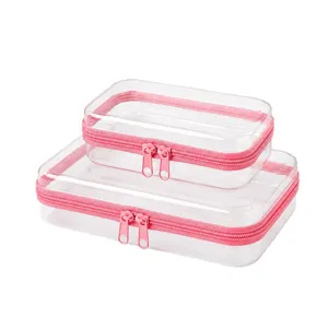 Two-piece transparent PET zippered storage box set with pink trim for home and travel use