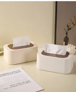 Minimalist Nordic style tissue box with wood-grain lid for home office desk organization