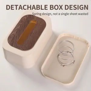 Minimalist Nordic style tissue box featuring a wood-grain lid and internal spring lift