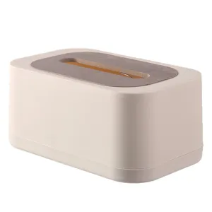 Minimalist Nordic style tissue box featuring dark wood grain lid and beige plastic body