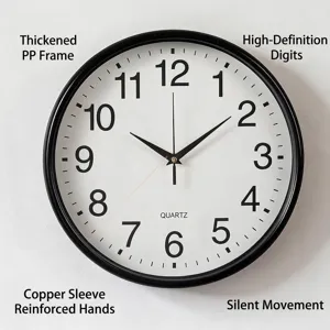 Horloge murale ronde à quartz de 12 pouces, design minimaliste, mouvement silencieux et cadre noir.