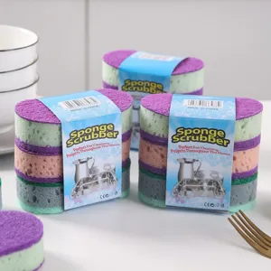 Pack of multi-colored thick dishwashing sponges with double-sided scrubber surface