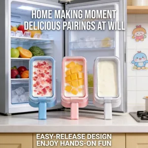 Set of three colorful homemade popsicle molds with fruit fillings in a kitchen setting