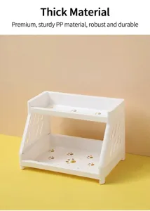 Dettaglio del robusto materiale PP bianco del ripiano portaoggetti a due livelli.