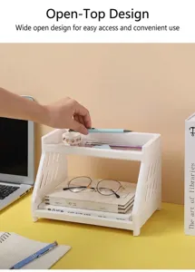 Dettaglio del design aperto dell'organizzatore da scrivania bianco a due livelli in plastica