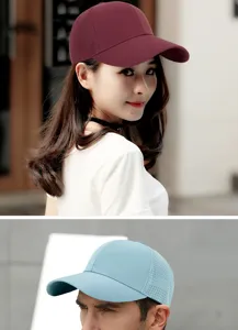 Détail d'une casquette de baseball en mesh respirant, coloris bordeaux et bleu