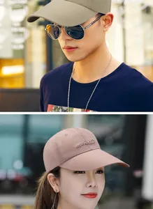Close-up of quick-dry baseball caps with embroidery worn by models
