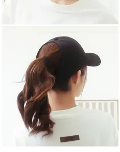 Vista trasera detallada de una gorra de béisbol negra diseñada para coleta de mujer