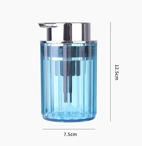 Close-up detail of blue transparent foam dispenser showing 12.5cm height and 7.5cm width