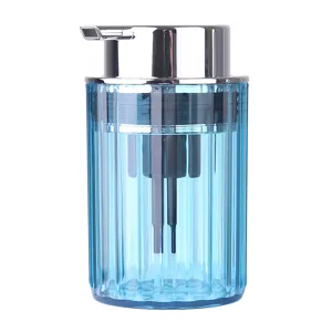 Modern blue vertical ribbed foaming soap dispenser bottle with silver chrome pump