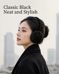Elegant black plush earmuffs for winter on female model side profile view