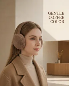 Detailed side view of soft plush coffee brown earmuffs worn by a model in winter