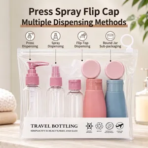 Set di flaconi da viaggio con dispenser a pompa, spray e tappo a scatto in borsa trasp.