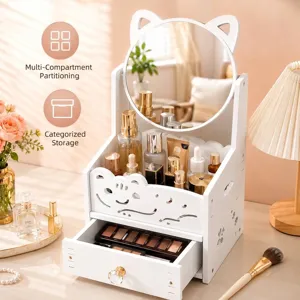 Süßer Organizer für Make-up und Schreibwaren mit Katzenspiegel und einer Schublade