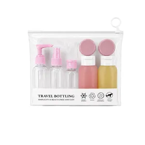 Set di 7 flaconi da viaggio rosa con spray e pompa per lozioni in borsa trasparente