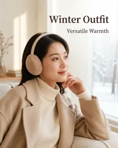 Lifestyle view of a woman wearing soft beige plush earmuffs in winter