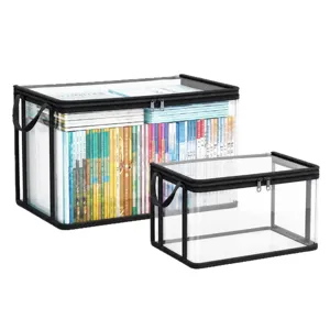 Large capacity transparent PVC book storage boxes with handles for dustproof home organization