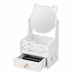 Cute cat desk organizer with makeup mirror and drawer in white finish for students