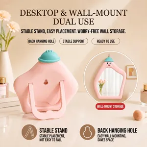 Cute pink cartoon-style makeup mirror with adjustable desktop stand and wall-mounted hole