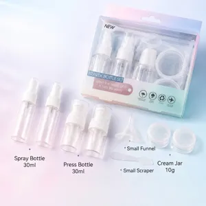 Portable 7-piece plastic travel bottle set for toiletries and cosmetic dispensing