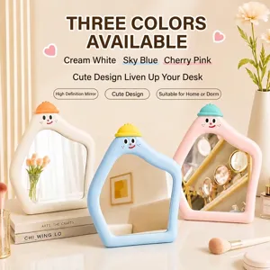 Decorative house-shaped cartoon makeup mirrors in creamy white, sky blue, and sakura pink.