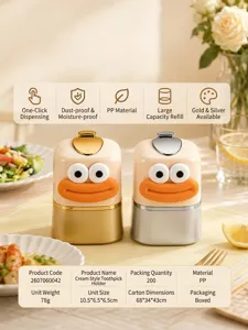 Detail view of automatic press-type toothpick holder with cartoon bird design