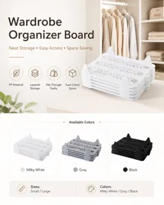 Stackable wardrobe organizer boards shown in milky white, gray, and black color options.