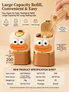 Detail view of cream style cartoon bird toothpick holder with product specification table