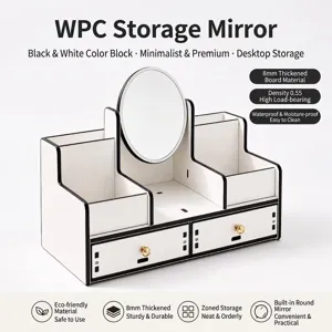 Caja de Almacenamiento de Cosméticos de Escritorio Con Espejo de Maquillaje Cajones Dobles PVC Organizador de Joyas Blanco