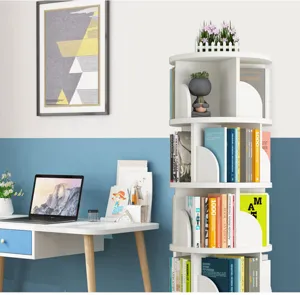 White multi-tier rotating bookshelf displaying books in a modern home office setting