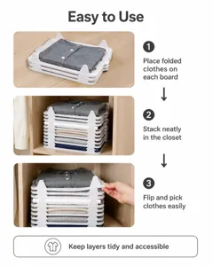 Three-step guide for using stackable clothes organizer boards to tidy wardrobe layers