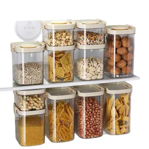 Set of stacked clear airtight kitchen food storage canisters for grains and nuts