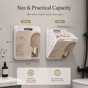 Detailed dimensions and open/closed states of foldable wall-mounted laundry basket