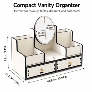 Vista de detalle profesional que muestra dimensiones de organizador de maquillaje