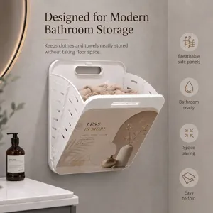 Modern white wall-mounted foldable laundry basket for stylish bathroom storage solution